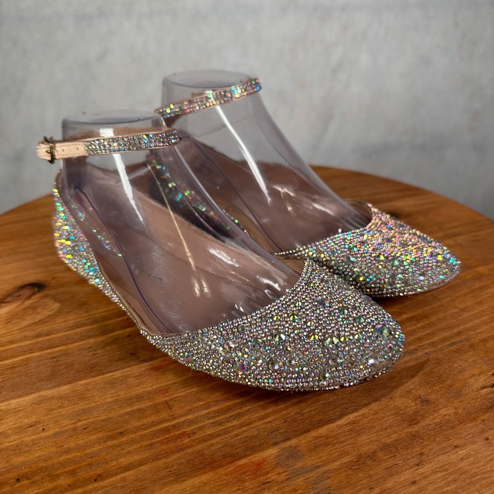 Betsey Johnson SB-ACE Flats Women 7M Champagne Rhinestone Good Crystal Ankle - Picture 4 of 14
